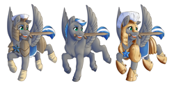 Size: 4592x2273 | Tagged: safe, artist:royvdhel-art, derpibooru import, oc, oc only, oc:cloud zapper, pegasus, pony, armor, male, mouth hold, pegasus oc, royal guard, stallion, sword, weapon