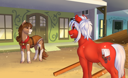 Size: 3139x1910 | Tagged: safe, artist:royvdhel-art, derpibooru import, oc, oc only, earth pony, pony, duo, earth pony oc, glasses, outdoors, sheriff, sheriff's badge, smiling