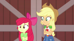 Size: 1920x1068 | Tagged: safe, derpibooru import, screencap, apple bloom, applejack, better together, equestria girls, holidays unwrapped, crossed arms, duo, duo female, female, the cider louse fools