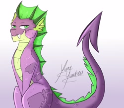 Size: 2808x2440 | Tagged: safe, artist:yumeyuuheii, derpibooru import, spike, dragon, fangs, male, older, older spike, scar, signature, smiling