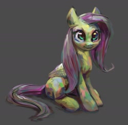 Size: 1669x1631 | Tagged: safe, artist:bunchedupletters, derpibooru import, fluttershy, pegasus, pony, female, gray background, mare, simple background, sitting, solo