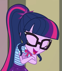 Size: 463x532 | Tagged: safe, derpibooru import, screencap, sci-twi, twilight sparkle, better together, equestria girls, holidays unwrapped, cropped, solo, the cider louse fools