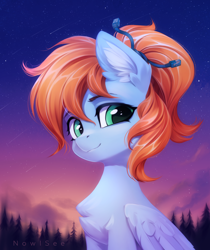 Size: 2000x2386 | Tagged: safe, artist:inowiseei, derpibooru import, oc, oc only, oc:morning star, pegasus, pony, aquamarine eyes, blue coat, cable, chest fluff, ear fluff, ears, eyebrows, eyelashes, female, fir tree, folded wings, green eyes, hair bun, high res, i really like her mane, looking at you, mare, shooting star, signature, sky background, smiling, smiling at you, solo, stars, tree, twilight (astronomy), wings