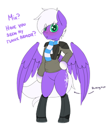 Size: 2400x2700 | Tagged: safe, artist:ponynamedmixtape, derpibooru import, oc, oc only, oc:infinatus amor, pegasus, semi-anthro, fallout equestria, armor, bipedal, blushing, boots, bottomless, clothes, dialogue, femboy, feminine stallion, hips, looking at you, male, nudity, partial nudity, scarf, shirt, shoes, simple background, text, transparent background