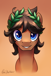 Size: 2000x3000 | Tagged: safe, artist:jedayskayvoker, derpibooru import, oc, oc only, oc:laurel crown, earth pony, pony, bust, crown, eyebrows, eyebrows visible through hair, gradient background, icon, jewelry, looking at you, male, portrait, regalia, short hair, smiley face, solo, stallion