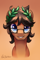 Size: 2000x3000 | Tagged: safe, alternate version, artist:jedayskayvoker, derpibooru import, oc, oc only, oc:laurel crown, earth pony, pony, bust, crown, eyebrows, eyebrows visible through hair, glasses, gradient background, icon, jewelry, looking at you, male, portrait, regalia, short hair, smiley face, solo, stallion