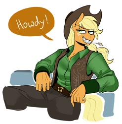 Size: 988x1002 | Tagged: safe, artist:redxbacon, derpibooru import, applejack, anthro, belt, belt buckle, clothes, cowboy hat, cowgirl, eyebrows, eyebrows visible through hair, female, hat, pants, sharp teeth, shirt, simple background, sitting, solo, speech bubble, stetson, straw in mouth, teeth, vest, white background