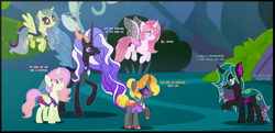 Size: 5288x2556 | Tagged: safe, artist:amicasecretuwu, derpibooru import, oc, oc:daylight lily, oc:diamond elytra, oc:sugarberry, changedling, changeling, changepony, hybrid, interspecies offspring, offspring, parent:nightmare rarity, parent:princess celestia, parent:queen chrysalis, parent:thorax, parents:thoralestia