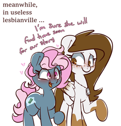 Size: 2500x2590 | Tagged: safe, artist:lou, derpibooru import, oc, oc only, oc:dusty star major, oc:juicy dream, earth pony, pegasus, pony, blushing, dog tags, female, heart, lesbian, shipping, simple background, text