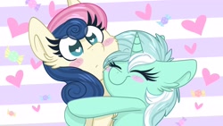 Size: 3840x2160 | Tagged: safe, artist:littleblackraencloud, derpibooru import, bon bon, lyra heartstrings, sweetie drops, earth pony, pony, unicorn, blushing, cheek fluff, chest fluff, ear fluff, ears, female, heart, hug, lesbian, lyrabon, shipping, smiling