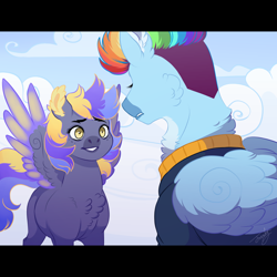 Size: 3464x3464 | Tagged: safe, artist:theartfox2468, derpibooru import, rainbow dash, oc, oc:lightning bolt spectrum, pegasus, pony, alternate hairstyle, chest fluff, clothes, cloud, coat markings, duo, female, gritted teeth, jacket, mare, mother and child, multicolored hair, nonbinary, offspring, older, older rainbow dash, parent and child, parent:rainbow dash, parent:soarin', parents:soarindash, redesign, sad, sky