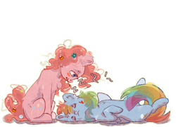 Size: 4000x2900 | Tagged: safe, artist:colorbrush, derpibooru import, pinkie pie, rainbow dash, earth pony, pegasus, pony, blush sticker, blushing, chest fluff, duo, ear fluff, ears, eyes closed, face paint, female, flower, flower in hair, folded wings, hair accessory, heart, high res, looking at someone, looking down, lying down, mare, mouth hold, on back, onomatopoeia, outline, pencil, profile, simple background, sitting, sleeping, smiling, sound effects, white background, wings, zzz