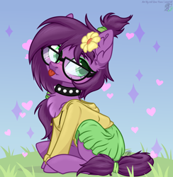 Size: 3772x3868 | Tagged: safe, artist:108-zeroforce, artist:sparkling_light, derpibooru import, oc, oc only, oc:space, earth pony, pony, base used, chest fluff, choker, clothes, female, flower, flower in hair, glasses, hoodie, mare, simple background, sitting, skirt, solo, studded choker, tongue, tongue out