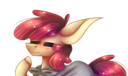 Size: 1024x614 | Tagged: safe, artist:hoshikostarfell, derpibooru import, apple bloom, earth pony, pony, cape, clothes, eyes closed, female, filly, foal, simple background, solo, transparent background