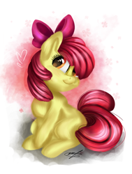 Size: 906x1200 | Tagged: safe, artist:pinktune, derpibooru import, apple bloom, earth pony, pony, adorabloom, female, filly, foal, sitting, smiling, solo