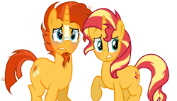 Size: 3388x1924 | Tagged: safe, artist:amelia-bases, artist:winter-scarf, derpibooru import, sunburst, sunset shimmer, pony, unicorn, base used, blushing, brother and sister, facial hair, female, glasses, goatee, headcanon, male, mare, missing accessory, raised hoof, raised leg, siblings, similarities, simple background, stallion, sunny siblings, transparent background