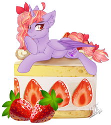 Size: 2070x2316 | Tagged: safe, artist:greenmarta, derpibooru import, oc, oc only, alicorn, pony, alicorn oc, cake, commission, commissioner:aurplestarss, female, food, horn, looking at you, lying down, mare, prone, simple background, solo, strawberry, transparent background, wings, ych result