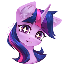 Size: 1500x1500 | Tagged: safe, artist:inowiseei, derpibooru import, twilight sparkle, pony, ear fluff, ears, eyebrows, eyebrows visible through hair, female, horn, lip bite, looking at you, mare, simple background, smiling, smiling at you, solo, sparkly eyes, white background, wingding eyes