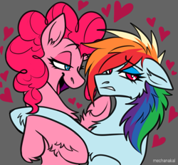 Size: 899x835 | Tagged: safe, artist:mechanakal, derpibooru import, pinkie pie, rainbow dash, earth pony, pegasus, pony, bedroom eyes, blue eyes, blue eyeshadow, cheek fluff, chest fluff, elbow fluff, eyeshadow, female, gray background, heart, hoof on chin, hug, hugging a pony, lesbian, lidded eyes, looking away, open mouth, pinkiedash, red eyes, shipping, simple background, unshorn fetlocks