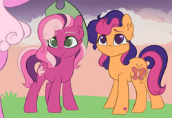 Size: 1280x880 | Tagged: safe, artist:nakkry, derpibooru import, cheerilee (g3), scootaloo (g3), earth pony, pony, g3, duo focus, female, hat, mare, siblings, sisters