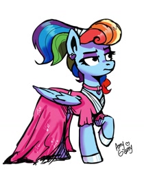 Size: 1091x1298 | Tagged: safe, artist:amy-gamy, derpibooru import, rainbow dash, pegasus, pony, sparkle's seven, alternate hairstyle, clothes, dress, ear piercing, earring, eyeshadow, female, jewelry, makeup, mare, megaradash, piercing, rainbow dash always dresses in style, simple background, solo, white background