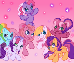 Size: 1280x1086 | Tagged: safe, artist:eggishponts, derpibooru import, cheerilee (g3), pinkie pie (g3), rainbow dash (g3), scootaloo (g3), starsong, sweetie belle (g3), toola roola, earth pony, pegasus, pony, unicorn, g3, g3.5, core seven, cute, female, gradient background, group, mare, simple background, smiling, sparkles