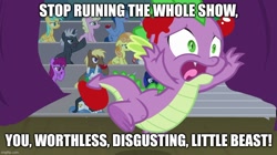 Size: 888x499 | Tagged: safe, edit, edited screencap, screencap, spike, dragon, horse play, booing, food, male, op is a duck (reaction image), op is not even trying, op is on drugs, op is trying to start shit, op is trying to start shit so badly that it's kinda funny, op isn't even trying anymore, spikeabuse, stage, tomato, tomatoes