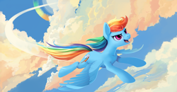Size: 1920x997 | Tagged: safe, artist:anonymous, derpibooru import, edit, editor:unofficial edits thread, rainbow dash, pegasus, pony, /mlp/, cloud, deleted from derpibooru, female, flying, mare, open mouth, open smile, redraw, sky, smiling, solo, sonic rainboom, spread wings, wings