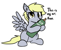 Size: 627x511 | Tagged: safe, artist:neuro, derpibooru import, derpy hooves, pegasus, pony, air tank, dialogue, ear fluff, ears, female, hoof hold, implied anon, looking at you, mare, mare is for air, simple background, sitting, solo, spread wings, talking to viewer, transparent background, wings
