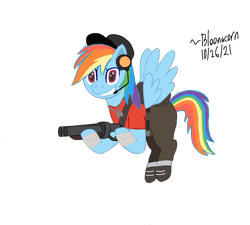 Size: 2000x1800 | Tagged: safe, anonymous artist, artist:bloonacorn, derpibooru import, ponerpics import, rainbow dash, pegasus, pony, /mlp/ tf2 general, blue coat, clothes, crossover, dog tags, female, flying, gun, hat, headphones, headset, hoof hold, mare, microphone, multicolored mane, multicolored tail, pants, rainbow scout, scattergun, scout, shirt, simple background, smiling, solo, spread wings, team fortress 2, transparent background, weapon, wings