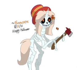 Size: 2000x1800 | Tagged: safe, artist:bloonacorn, ponerpics import, skeleton pony, unicorn, axe, halloween, simple background, solo, transparent background