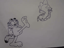Size: 1032x774 | Tagged: safe, artist:spikeabuser, spike, cat, dragon, black and white, crossover, garfield, kicking, male, spikeabuse