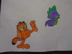 Size: 1032x774 | Tagged: safe, artist:spikeabuser, spike, cat, dragon, crossover, full color, garfield, kicking, male, spikeabuse