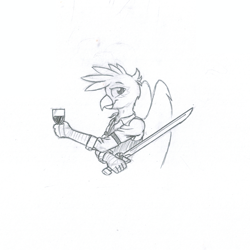 Size: 1451x1451 | Tagged: safe, artist:in3ds2, derpibooru import, oc, oc:kalimu, griffon, alcohol, clothes, glass, male, sword, traditional art, weapon, wine, wine glass