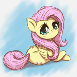 Size: 2500x2500 | Tagged: safe, artist:t72b, derpibooru import, fluttershy, pegasus, pony, both cutie marks, crossed legs, cute, female, folded wings, gradient background, head turned, high res, looking at you, looking back, looking back at you, lying down, mare, prone, shyabetes, solo, wings