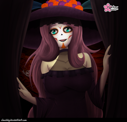 Size: 1043x1000 | Tagged: safe, artist:clouddg, derpibooru import, fluttershy, equestria girls, breasts, dia de los muertos, fluffy, looking at you, makeup