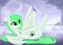 Size: 2364x1700 | Tagged: safe, artist:kawaiizhele, derpibooru import, oc, oc only, oc:sparrow gale, butterfly, pegasus, commission, female, green mane, jewelry, mare, necklace, pegasus oc, solo, ych result