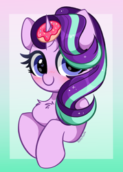 Size: 3314x4624 | Tagged: safe, artist:kittyrosie, derpibooru import, starlight glimmer, pony, unicorn, blushing, chest fluff, cute, donut, female, food, glimmerbetes, gradient background, heart eyes, high res, horn, horn impalement, looking at you, mare, smiling, smiling at you, solo, wingding eyes