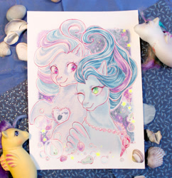 Size: 800x825 | Tagged: safe, artist:shaiyeh, derpibooru import, oc, oc only, sea pony, seapony (g4), blue mane, bubble, flowing mane, green eyes, heart, jewelry, necklace, one eye closed, pearl necklace, red eyes, regalia, seashell, shipping, smiling, sparkles, traditional art, underwater, water, watercolor painting