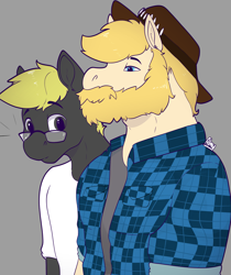 Size: 3463x4131 | Tagged: safe, artist:almond evergrow, derpibooru import, oc, oc:chase, oc:trestle, anthro, earth pony, beard, facial hair, hat, humor, meme