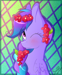 Size: 2048x2500 | Tagged: safe, artist:herusann, derpibooru import, oc, oc only, pegasus, pony, abstract background, blushing, braid, female, flower, flower in hair, mare, one eye closed, pegasus oc, solo, wink