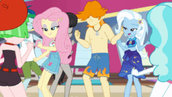 Size: 600x338 | Tagged: safe, derpibooru import, screencap, captain planet, fluttershy, octavia melody, paisley, trixie, valhallen, watermelody, better together, equestria girls, i'm on a yacht, animated, dancing, gif, moonwalk