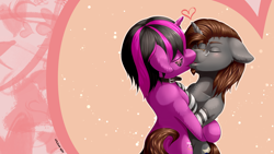 Size: 2844x1600 | Tagged: safe, artist:renatethepony, derpibooru import, oc, oc only, oc:raven quill, pony, unicorn, collar, eyes closed, female, heart, horn, hug, kissing, male, oc x oc, shipping, stallion, straight, unicorn oc