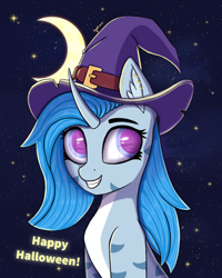Size: 3118x3898 | Tagged: safe, artist:ingolf arts, derpibooru import, oc, oc:pearl wave, original species, pony, shark, shark pony, unicorn, bust, clothes, crescent moon, cute, female, fish tail, grin, halloween, hat, hight res, holiday, horn, looking at you, mare, moon, night, simple background, smiling, smiling at you, solo, stars, tail, witch, witch hat