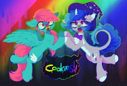 Size: 2127x1444 | Tagged: safe, artist:astralblues, derpibooru import, oc, oc only, pony, unicorn, 28 pranks later, bowtie, chest fluff, cookie zombie, ear fluff, ears, hat, leonine tail, looking at you, open mouth, rainbow background, rainbow muzzle, tail, witch hat