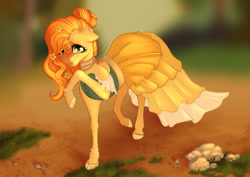 Size: 900x637 | Tagged: safe, artist:nuumia, derpibooru import, pear butter, pony, clothes, dress, solo