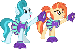 Size: 4532x3000 | Tagged: safe, artist:cloudyglow, derpibooru import, lighthoof, shimmy shake, earth pony, pony, 2 4 6 greaaat, .ai available, cheerleader, cheerleader outfit, clothes, duo, duo female, female, gritted teeth, high res, mare, open mouth, simple background, transparent background, vector