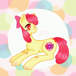 Size: 1500x1500 | Tagged: safe, artist:damnbeavers, derpibooru import, apple bloom, earth pony, pony, abstract background, female, filly, foal, lying down, solo