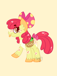Size: 600x800 | Tagged: safe, artist:tragedykaz, derpibooru import, apple bloom, earth pony, pony, adorabloom, bag, bow, cute, female, filly, foal, raised hoof, raised leg, redesign, saddle bag, solo, standing, tongue, tongue out