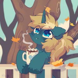 Size: 2000x2000 | Tagged: safe, artist:mirtash, derpibooru import, oc, oc only, oc:maple parapet, pony, unicorn, autumn, chocolate, cup, fence, food, hot chocolate, leaves, looking up, solo, tree, unshorn fetlocks